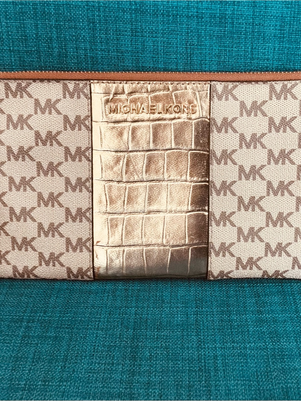 Michael Kors Gold&Beige Croc Embossed Leather & MK Canvas Wristlet Clutch Purse